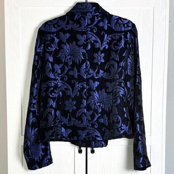 Vintage 90s Gail Morgado Womens Blue Black Floral Damask Brocade Blazer size L - Picture 2 of 9